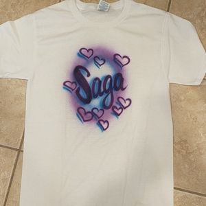 Saga hand air brush painted T-shirt with hearts
